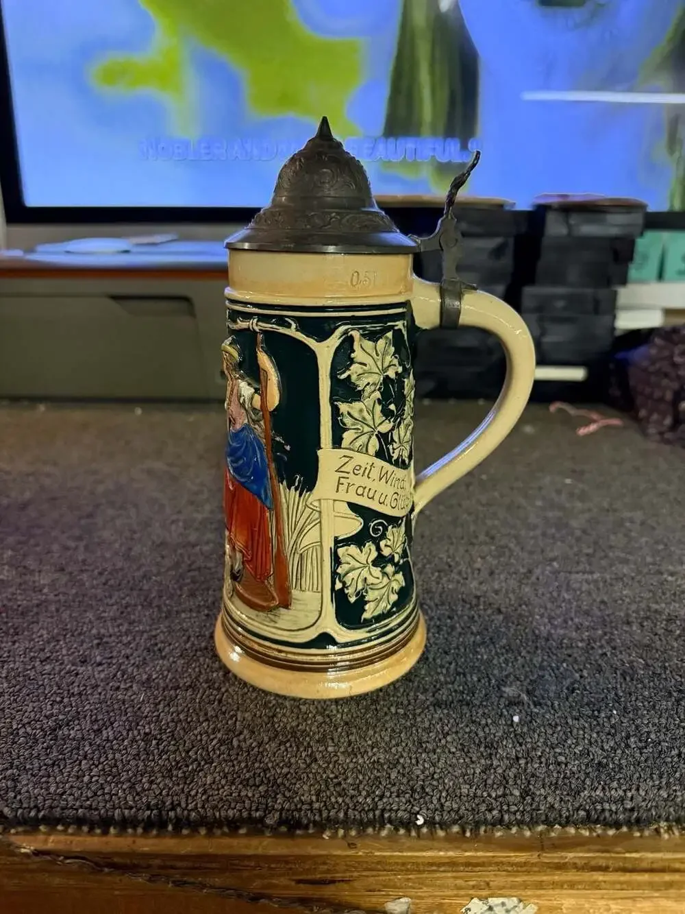 Vintage German 0.5L Stoneware Beer Stein with Pewter Lid featuring 'Die Fischeri